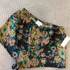 Anthropologie High Waist Black and Green Shorts with Ornate Floral Design